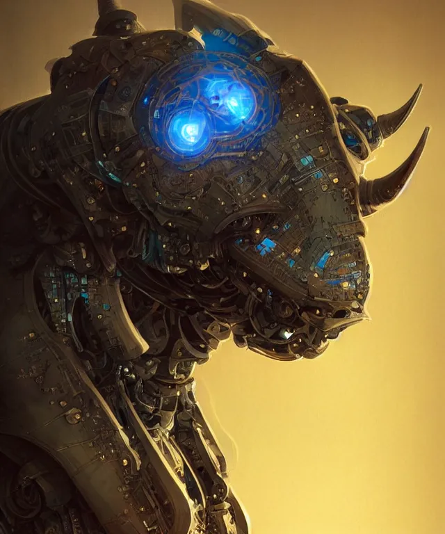 Image similar to an anthropomorphic rhinoceros portrait wearing a part cybernetic body, surrealism , scifi, intricate mecha armor, elegant, highly detailed cybernetic body, neon glowing eyes, digital painting, artstation, concept art, smooth, sharp focus, illustration, art by Artgerm and moebius and Peter Mohrbacher