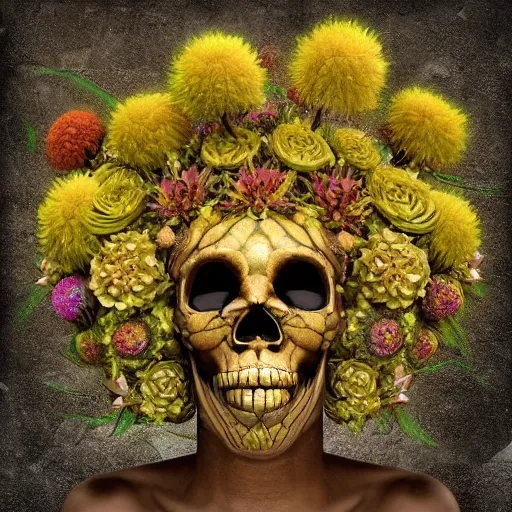 Image similar to a golden skull face african electric shaman with an afro made of flowers, third eye art art by machina infinitum, complexity from simplicity, rendered in octane, mandelbulb 3 d, ambient occlusion, macro photography