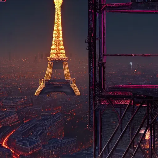 Image similar to A beautiful intricate 8K award-winning ground-level cinematic movie photograph of the future destroyed and decaying Eiffel Tower, surrounded by neon and collapsing corporate video billboard displays. in the year 2050, by Bruno Delbonnel and greg rutkowski. octane render, Arri Alexa 65. Cinematic lighting