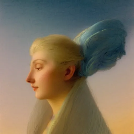 Image similar to a young woman's face, her hair is white and she wears an indigo blue satin cloak, by ivan aivazovsky and syd mead and moebius and gaston bussiere and roger dean and pieter claesz and paul delaroche and alma tadema and aelbert cuyp and willam claesz, hyperrealistic, volumetric light, octane render