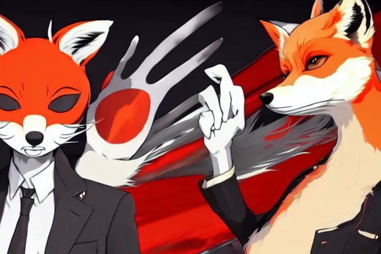 Image similar to a furry tan male fox on a persona 5 : royal ( by atlus ) video game splash screen, a furry male sandcolored tan fox fursona ( has hair ), persona 5 phantom thief style