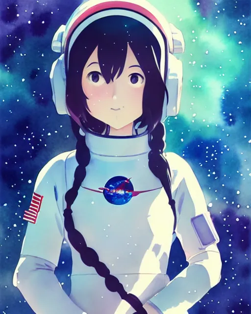 Image similar to oriental water color of a cute thicc astronaut woman, floating through space, backlit, by makoto shinkai and krenz cushart