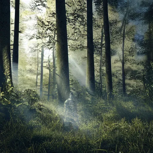 Image similar to a man wearing a white ghillie suit, walking through a forest, sunny day, octane render, ray traced, sun rays, extremely high detail