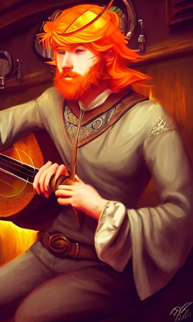 Image similar to a bard playing his lute in a pub, d & d, orange hair, portrait, sharp focus, fantasy, digital art, concept art, dynamic lighting, epic composition, by emylie boivin, rossdraws