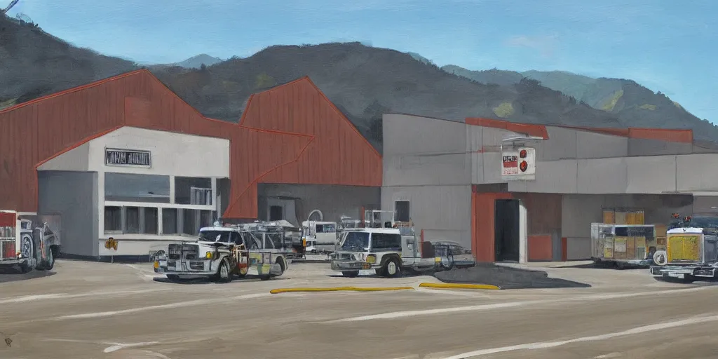 Image similar to brutalist single - story fire department in rural marin county california, painting by robert bechtle, ultrafine detail