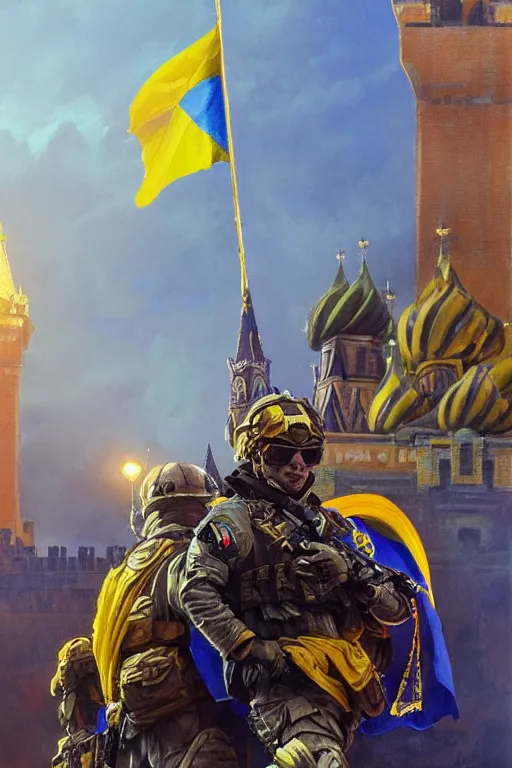 Image similar to special forces soldier installin ukrainian blue and yellow flag on red square kremlin, masculine figure, d & d, fantasy, bright atmosphere, volumetric lights, intricate, elegant, extremely detailed, digital painting, artstation, concept art, matte, smooth, sharp focus, hyper realistic, illustration, art by artgerm and greg rutkowski and alphonse mucha