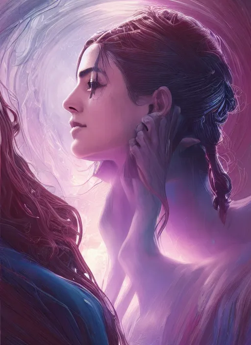 Prompt: altered carbon, Maya Ali as a sorceress, side view, tarot card, sweat drops, fibonacci, fractals, insane, prismatic, intricate, highly detailed, digital painting, artstation, concept art, smooth, sharp focus, illustration, Unreal Engine 5, 8K, art by artgerm and greg rutkowski and alphonse mucha