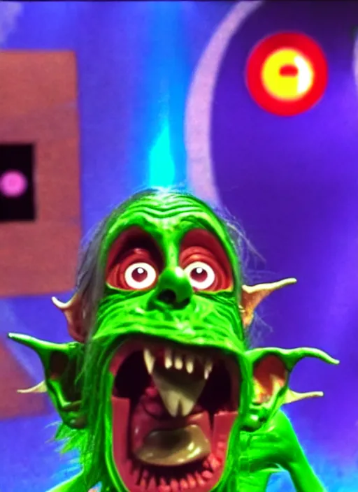 Image similar to creepy scary gangly goblin monster invades the set of a 9 0's childrens tv gameshow, 4 k resolution