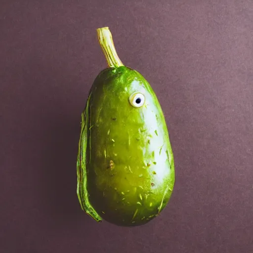 Prompt: portrait photograph of a pickle with a smile