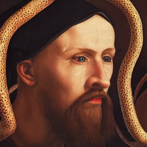 Prompt: close up, classic painting of medieval man with snakes instead of a moustache, hyper realism, dark palette