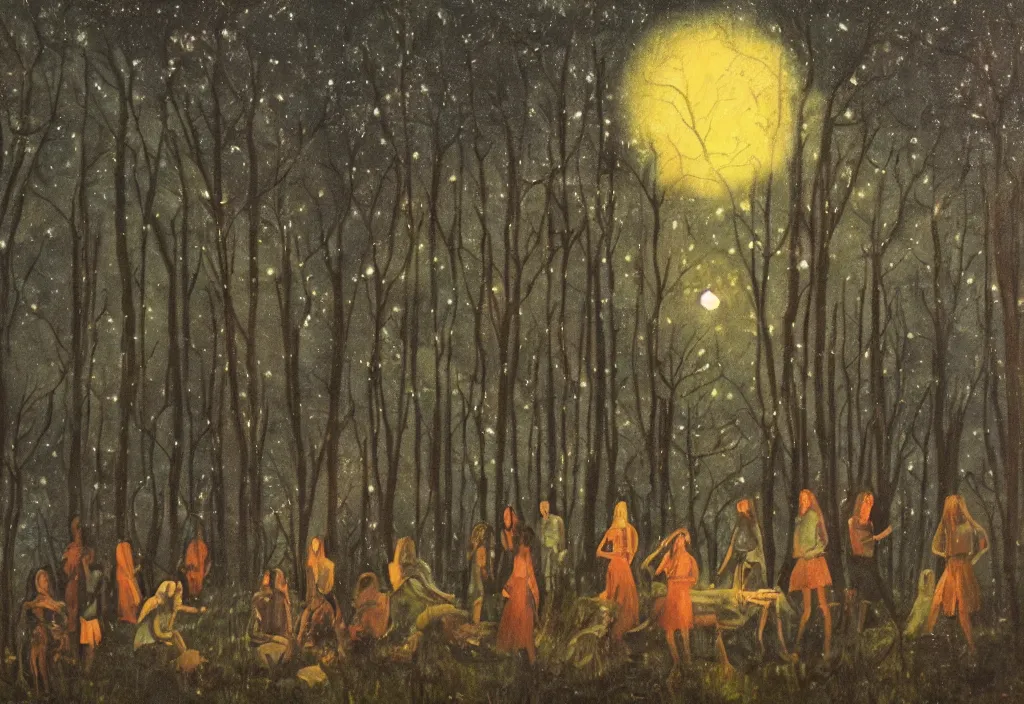 Prompt: a tribe of women gathered in a forest, north, mysterious, dark, oil painting, ominous, night sky, full moon, by hjalmar munsterhjelm, by fanny churberg