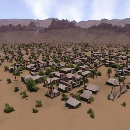 Image similar to a small village with zombie people in a barren desert