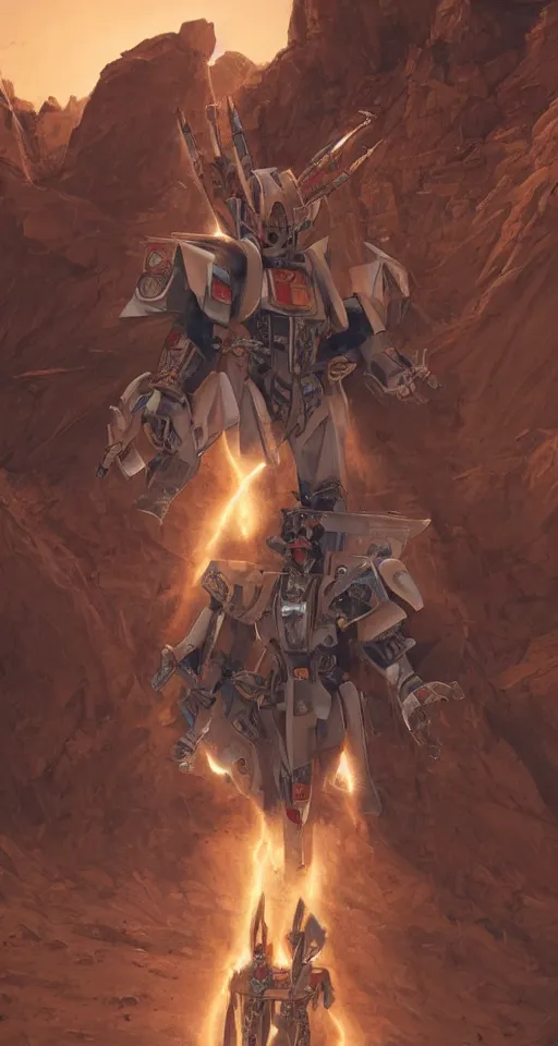 Image similar to realistic portrait beautiful detailed 3 d painting of cinematic movie scene, voltes v build up in sahara dessert. action sequence, created by gustave dore and greg rutkowski, high detailed, smooth draw, synthwave neon retrofuturism, intricate, realistic proportions, dramatic lighting, trending on artstation.