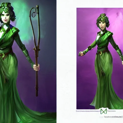 Prompt: a woman in a green dress holding a magic staff,character portrait by Magali Villeneuve,featured on polycount, fantasy art, concept art, d&d,detailed!!!!!