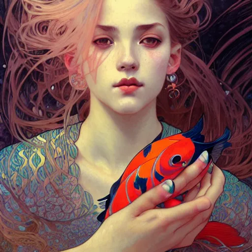 Image similar to Portrait of a girl surrounded by Koi fish, face, fantasy, intricate, elegant, highly detailed, digital painting, artstation, concept art, smooth, sharp focus, illustration, art by Loish and Artem Demura and alphonse mucha