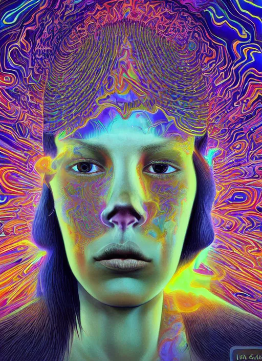 Image similar to portrait ultra dimensional cult girl shaman, accidentally tripping on dmt and acid, psychedelic experience, overwhelming psychosis of self realization and burning awakening, ultra high definition, unreal engine 5, hyperrealism, masterpiece composition, by casey weldon, barclay shaw