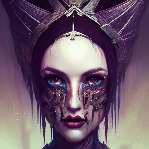 Image similar to queen of death. intricate portrait, occult cyberpunk, ancient futuristic, dark art, occult. by Petros Afshar, by artgerm, by Eddie Mendoza, by Peter mohrbacher, by tooth wu, unreal engine, octane render, cinematic light, high details,