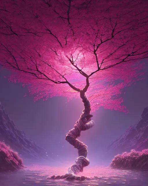 Prompt: one singular matte painting of a beauutiful bioluminescent cherry blossom tree, highly detailed, digital painting, cinematic, hyper realism, dark retrowave, art by stanley lau and artgem and magali villeneuve and alphonse mucha, artstation, octane renderer, cgsociety