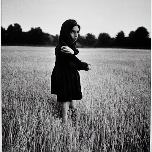 Prompt: A girl in a night field, old black and white photo, photo by Henri Cartier-Bresson