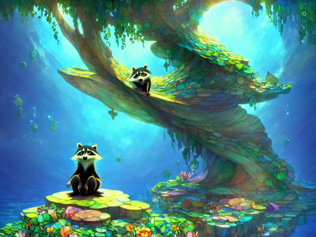 Prompt: the beautiful cartoon animation render a lovely disney raccoon, pop art, underwater world, in the style of makoto shinkai, raphael lacoste louis comfort tiffany, artgerm, karol bak, james jean, ross tran, 8 k hd, fine texture structure, 3 drender