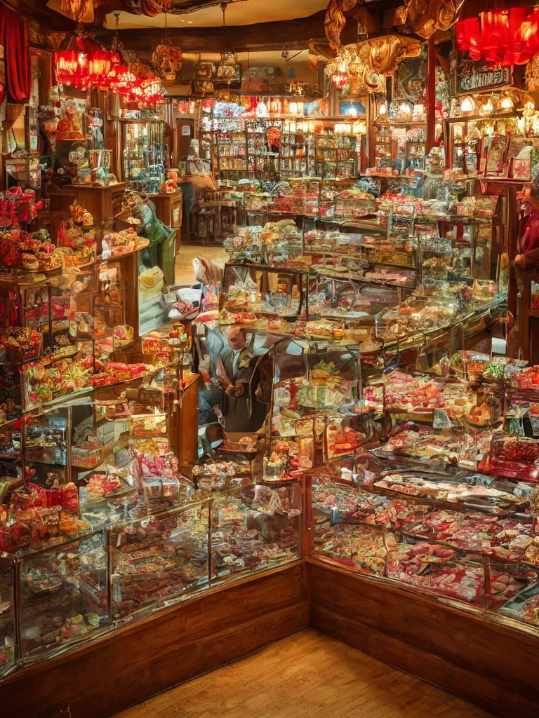 Image similar to Inside a beautiful old fashioned sweet shop, fantasy vendor interior, wide angle, cinematic shot, highly detailed, cinematic lighting , photo-realistic