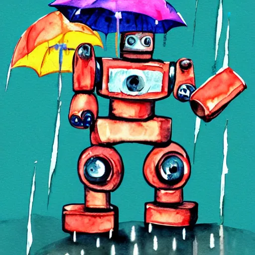 Prompt: robot dancing in the rain, watercolor