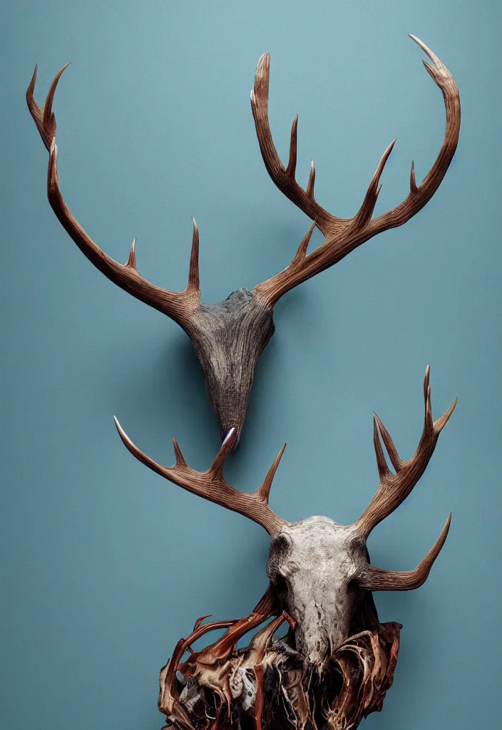 Prompt: delicate animal innards, antlers white bones ,melted wax, sharp slate. complementary color scheme. national geographic. 8k, rendered in octane, smooth gradients. blue whale