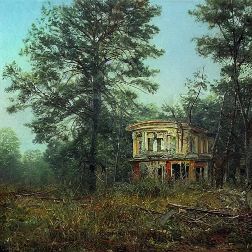 Prompt: a beautiful painting of an abandoned overgrown 7 - eleven by ivan shishkin, masterpiece