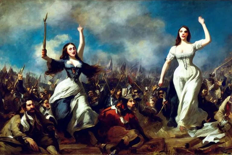 Prompt: Kat Dennings as Liberty Leading the People by Eugène Delacroix', highly detailed, trending on artstation, award winning, H 768