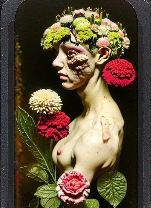 Prompt: beautiful and detailed rotten woman made of plants and many types of stylized flowers like carnation, chrysanthemum, roses and tulips, intricate, surreal, john constable, guy denning, gustave courbet, caravaggio, romero ressendi 1 9 1 0 polaroid photo