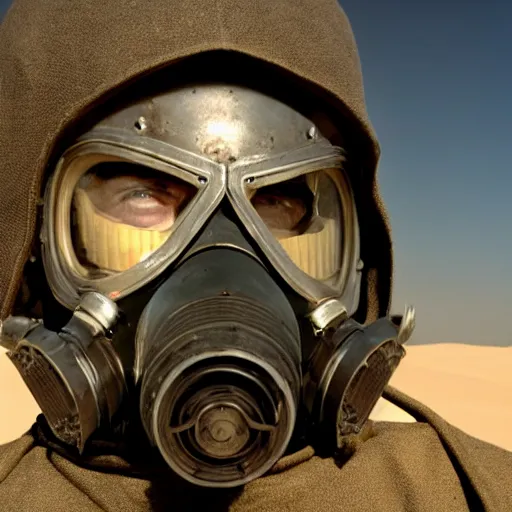 Image similar to a heavily armored man wearing a gasmask, in the desert, film still, panavision panaflex