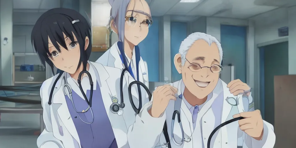 Image similar to a cute young female doctor wearing white coat, an old man of 80 years in a wheelchair, hospital ward, slice of life anime, cinematic, realistic, anime scenery by Naoshi Arakawa:8 and Makoto shinkai