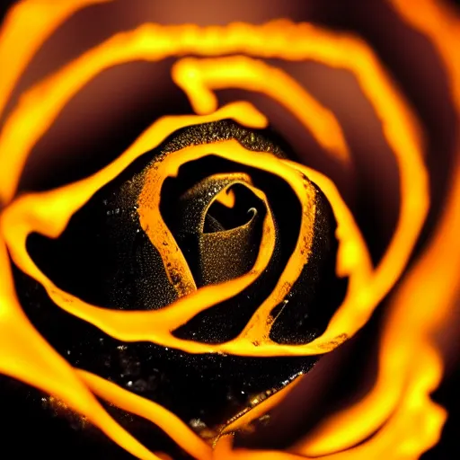 Image similar to award - winning macro of a beautiful black rose made of glowing molten magma