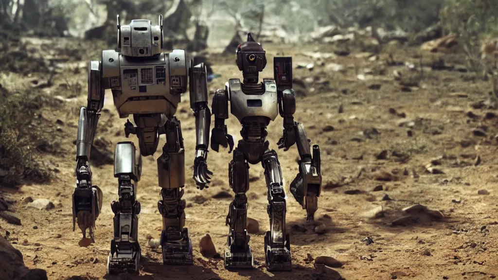 Prompt: film still from the movie chappie of the robot chappie shiny metal outdoor planet mars scene bokeh depth of field several figures furry anthro anthropomorphic stylized cat ears head android service droid robot machine fursona