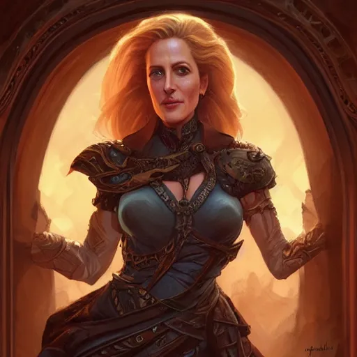 Prompt: gillian anderson, d & d, fantasy, intricate, elegant, highly detailed, digital painting, artstation, concept art, matte, sharp focus, illustration, hearthstone, art by artgerm and greg rutkowski and alphonse mucha