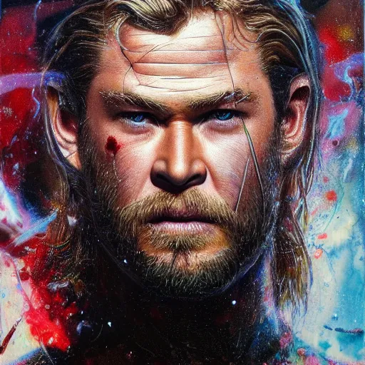 Prompt: detailed masterpiece head and shoulders portrait of struggling Thor Chris Hemsworth by Ayami Kojima, Amano, Karol Bak, Gottfried Helnwein and Mark Brooks and Meats Meier and Ryan Brown, rich deep colors. the agony is real. Beksinski painting, part by Adrian Ghenie and Gerhard Richter and Jeremy Mann. art by Takato Yamamoto. medium shot. masterpiece . intricate artwork by Tooth Wu and wlop and greg manchess, greg rutkowski, very coherent artwork, cinematic, hyper realism, high detail, octane render, unreal engine, 8k, Vibrant colors, Smooth gradients, High contrast. by Katsuhiro Otomo, inspired by anime, movie grain, intricate detail, extremely detailed. painting by Arthur Rackham, Eugene de Blaas, Frederic Leighton