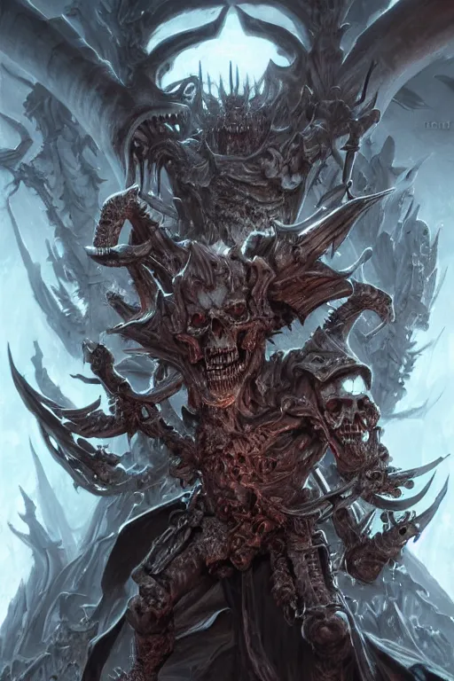 Image similar to death lord stand on skulls, highly detailed, d & d, fantasy, highly detailed, digital painting, trending on artstation, concept art, sharp focus, illustration, global illumination, ray tracing, realistic shaded, art by artgerm and greg rutkowski and fuji choko and viktoria gavrilenko and hoang lap,