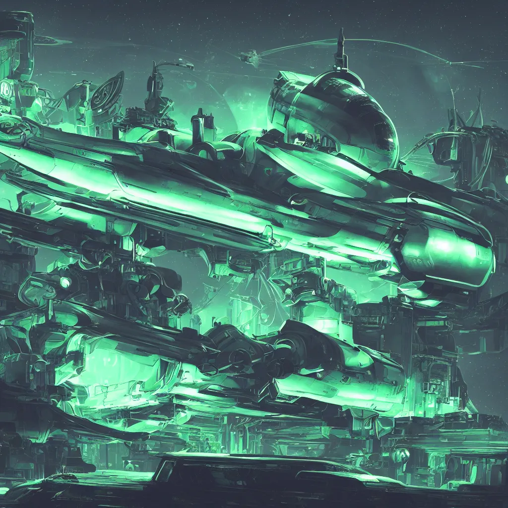 Prompt: no man sky concept art, 1920 retro futurism ship, capital space ship in space, intricate, elegant, highly detailed, toxic green glow, mosh planet in background, damp temperature, colossal space ship, digital painting, artstation, concept art, smooth, sharp focus, illustration