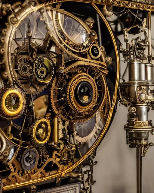 Image similar to highly detailed steampunk eye machine in a victorian lab with white curtains