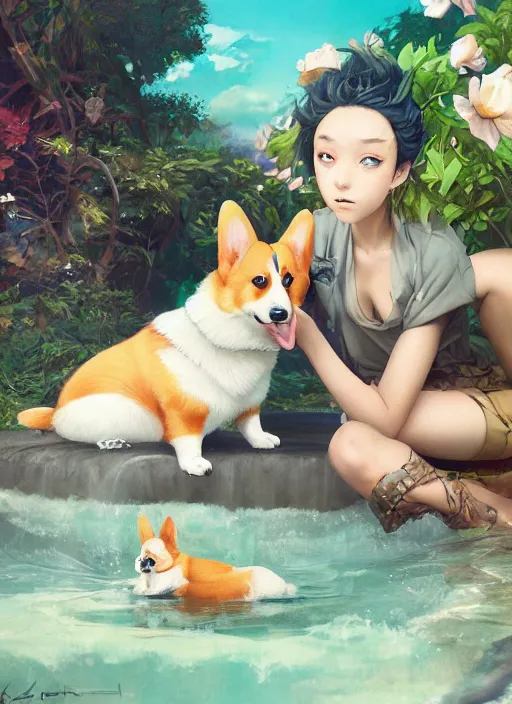 Prompt: beautiful fantasy painting scene of anime chill summer day with corgi, by Kenne Gregoire, James Jean, Tran Nguyen, WLOP, Jakub Rebelka. trending on Artstation, 8k, masterpiece, face enhance, graffiti paint, fine detail, full of color, intricate detail, golden ratio illustration