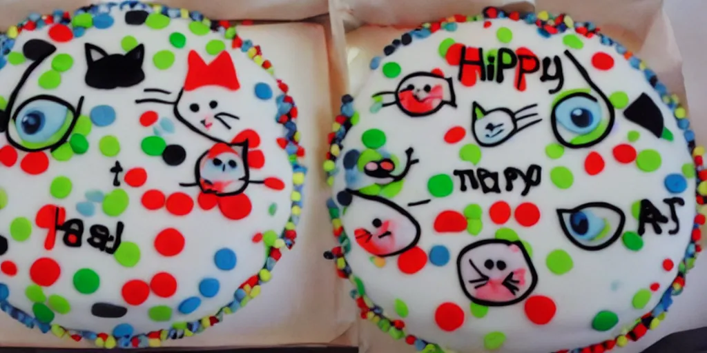 Image similar to There is a cat pattern on the birthday cake, whose left eye is blue, the right eye is red, and the ear is green. And which says 'Aza, 818 happy birthday!'