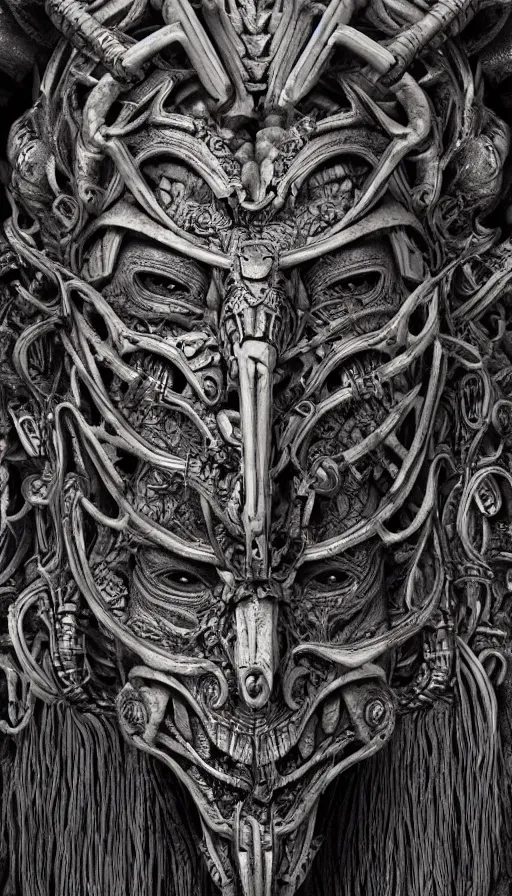 Image similar to ancient biomechanical hybrid aztec fantasy human demon face mask tattoo pattern concept, teonanacatl glyph, intricate artwork by, Johnatan Wayshak, Zdizslaw Beksinski, Artgerm, H.R. Giger, very coherent artwork, cinematic, hyper realism, high detail, octane render, unreal engine, 8k, High contrast, higly detailed black ink outline, crosshatch sketch gradient