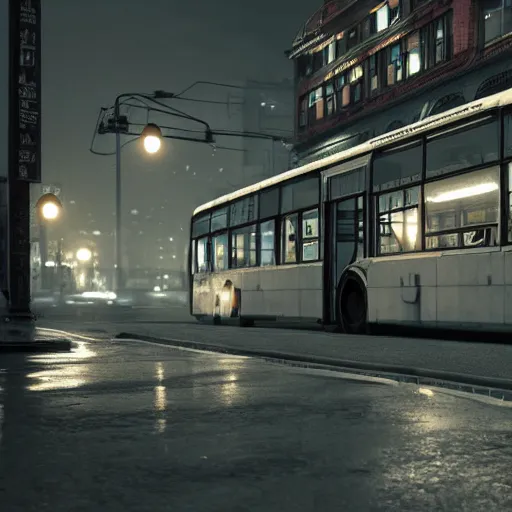 Prompt: dark city bus stop, unreal 5 realistic render,ArtStation