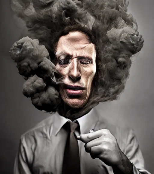 Prompt: annie liebowitz photo of a man who's head is turning into a puff of smoke, award winning photo