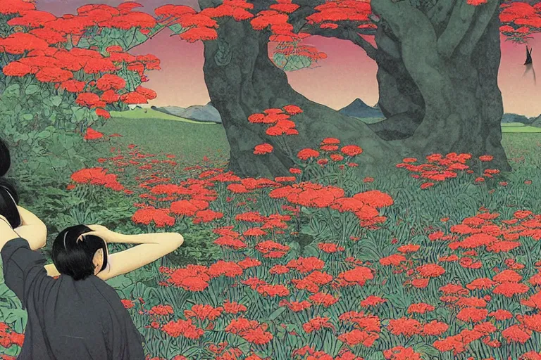 Image similar to gigantic cats catch gigantic dragonflies, a lot of exotic flowers around, heads are all over the ground, acid and dreaming psychedelic hallucinations, by kawase hasui, dirtyrobot, edward hopper, satoshi kon and moebius, colorful flat surreal design, super - detailed, a lot of tiny details, fullshot