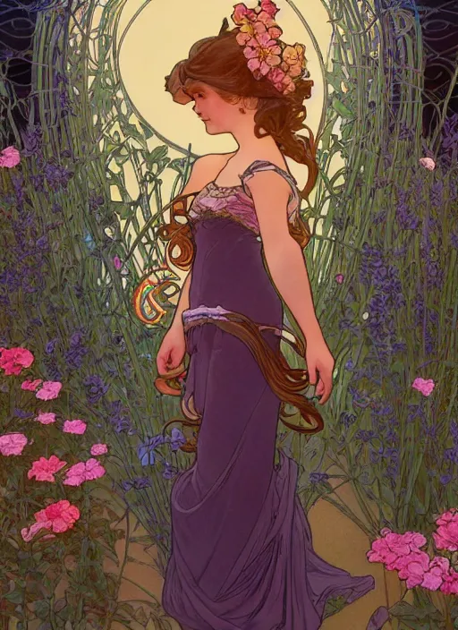 Prompt: well - lit art nouveau portrait of a young innocent girl with hair blowing in the wind in a flower garden with lanterns and fireflies at night,, natural lighting, path traced, highly detailed, high quality, cartoon, digital painting, by don bluth and alphonse mucha and ross tran