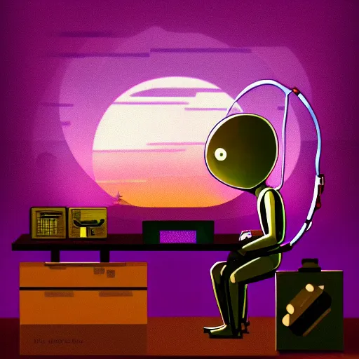 Image similar to friendly alien avatar computer programmer working late at night sunset outside window headphones terminal artstation purple and gold