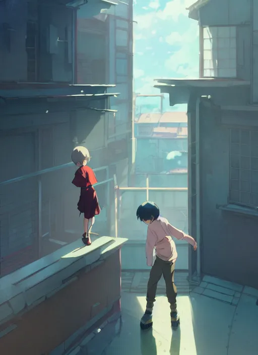 Image similar to boy on ground waving to a pretty girl on the second floor, illustration concept art anime key visual trending pixiv fanbox by wlop and greg rutkowski and makoto shinkai and studio ghibli