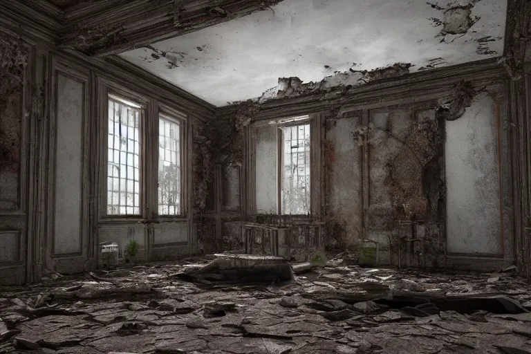 Image similar to ruined, abandoned polish mansion, seen from inside. Diffused light falls through the broken windows. Dirt, leaves on ground. Unreal Engine. Substance painter. Zbrush. Trending on artstation. 8K. Highly detailed.