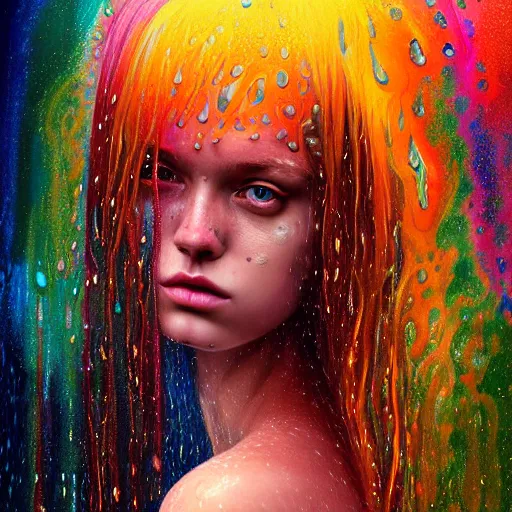 Image similar to face of girl in psychedelic LSD rain with wet hair and face, fantasy, intricate, elegant, dramatic lighting, intense emotion, highly detailed, lifelike, photorealistic, digital painting, artstation, concept art, smooth, sharp focus, illustration, art by John Collier and Albert Aublet and Krenz Cushart and Artem Demura and Alphonse Mucha